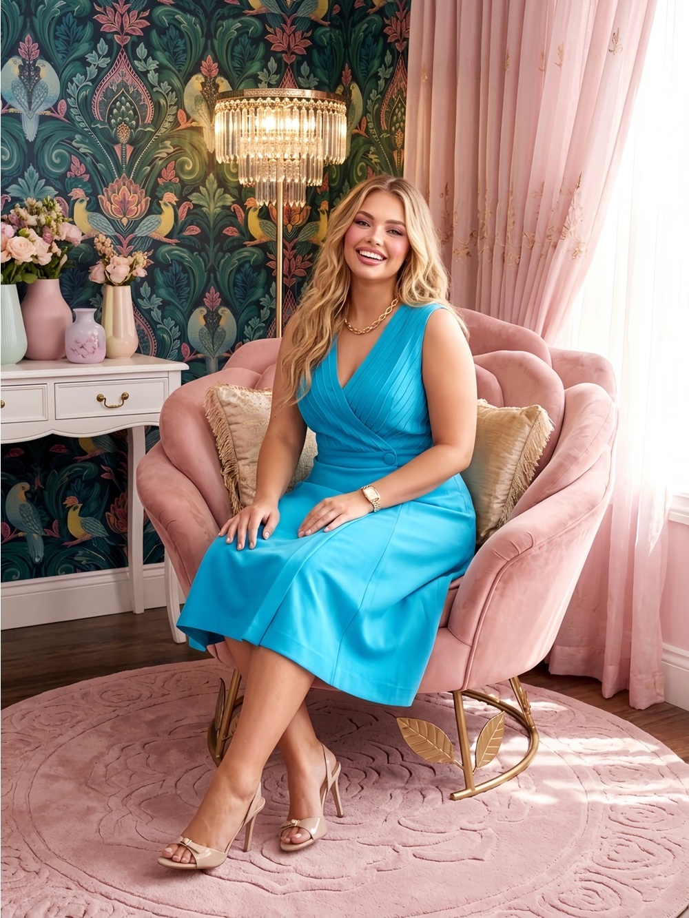 Ashley Stewart Turquoise Sleeveless V-Neck Fit-and-Flare Midi Dress